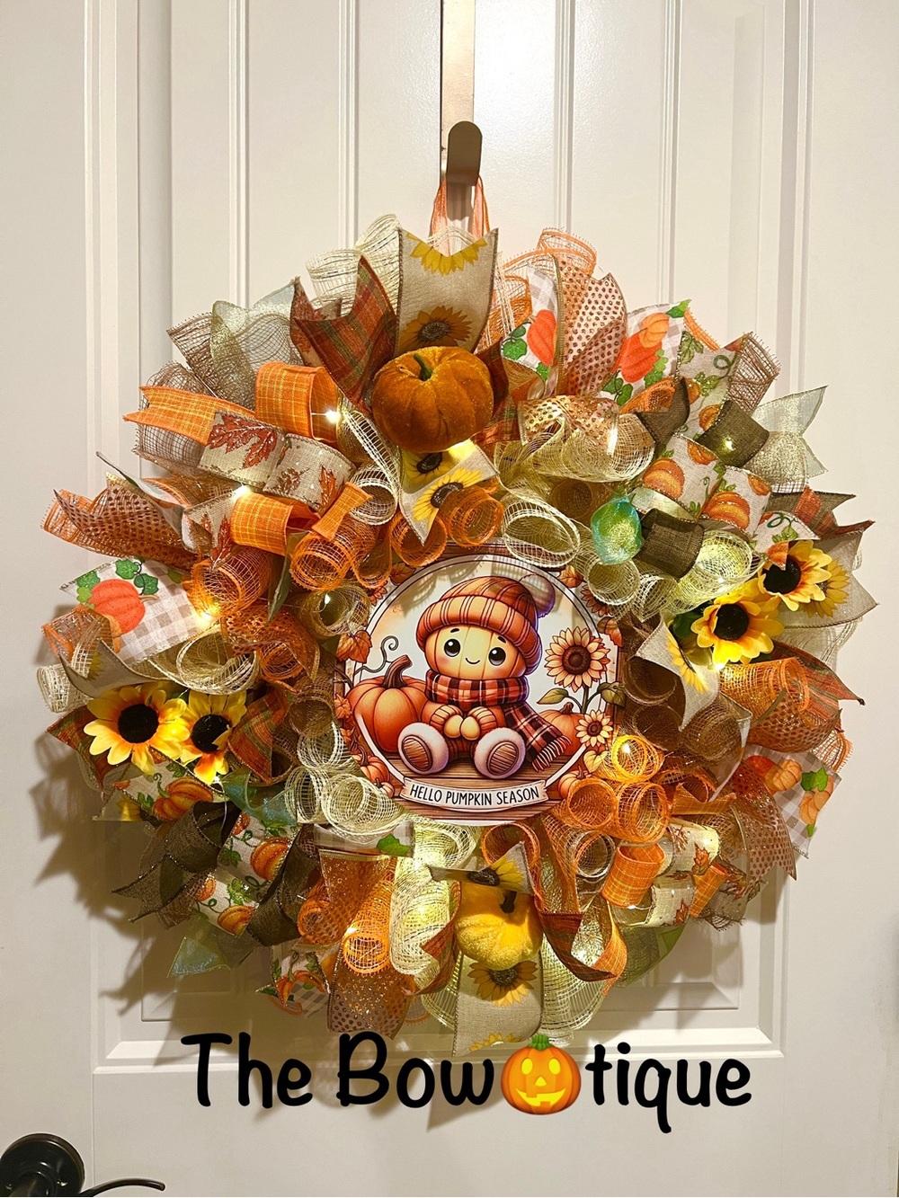 Handmade Hello Pumpkin Season Ribbon Welcome Door Wreath Fall Leaf 22 in LED W20